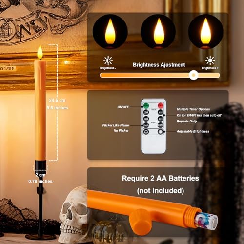Homemory 6 Pcs Orange Flameless Taper Candles with Remote, Timer, Dimmer, Battery Operated CandleSticks with Flickering Light, Plastic Led Window Candles, for Halloween Decoration 9.6 Inches - Image 7