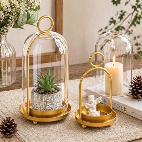 Glass Dome Candle Holders Set of 2, Antique Brass Metal Pillar Candle Holder, Hanging or Tabletop Hurricane Candle Holder for Home Decor, Farmhouse & Centerpiece (5.2” & 4.1”) - Image 7