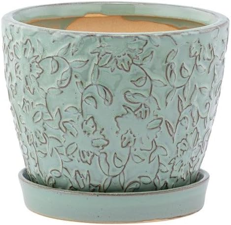 Napco Imports Decorative Home or Garden 4 x 4.5 Inch Indoor or Outdoor Flower Holder Pot with Saucer Teal Blue Embossed Floral