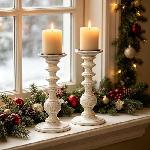 Hosley Set of 2 White Wooden Pillar Candle Holder 11 Inch High Country Style Ideal for Weddings or Parties as Well as Home Decor - Image 7