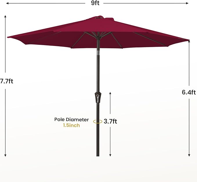 MEWAY 9ft Patio Umbrella Outdoor Table Umbrellas with Push Button Tilt and Crank, Market Umbrella 8 Sturdy Ribs for Deck, Garden, Pool and Backyard, Dark Red
