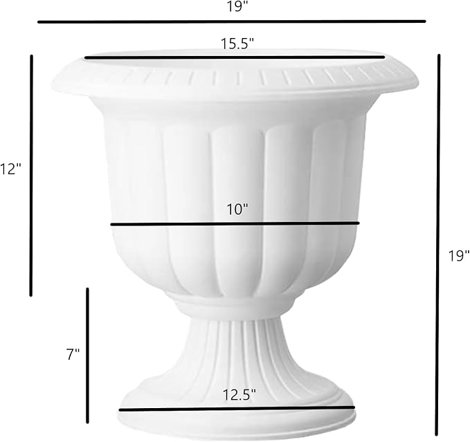 Novelty Plastic Classic Fluted Urn Planter, White, 19in (Pack of 2) - Decorative Flower Pots for Outdoor & Indoor Use - Lightweight, Durable with Drainage - Elegant for Garden, Patio, Porch, Entryway