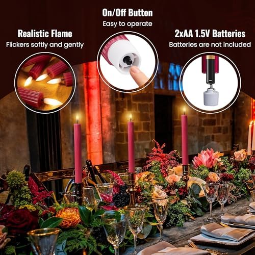 6 Pack, 10" LED Flameless Real Wax Pink Ribbed Taper Candles w/Remote Controller, On/Off Button, Dimmable, Flicker/Static Mode, Battery Operated, Holiday Christmas Menorah Wedding Decor - Image 7