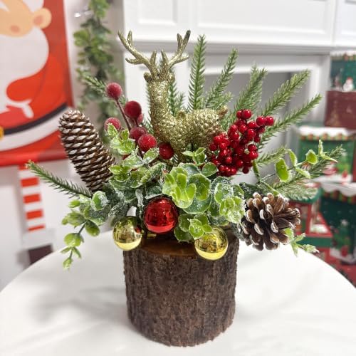 10 Inch Mini Artificial Christmas Tree, Christmas Tabletop Tree with DIY Wire Lights, Reindeer, Pine Cones, Red Berries and Ornaments, Small Christmas Tree for Table Desk Office Holiday Decor - Image 6