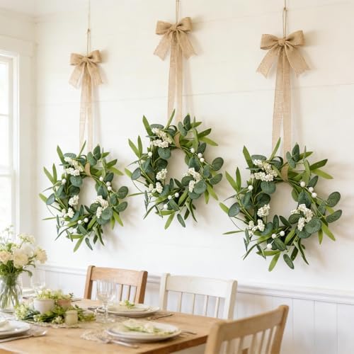 8 Pcs Green Artificial Eucalyptus Candle Rings Wreaths Mini Green Kitchen Cabinet Wreath Table Centerpieces Spring Summer with White Berry for Pillars Farmhouse Porch Front Door Wedding Decor - Image 6