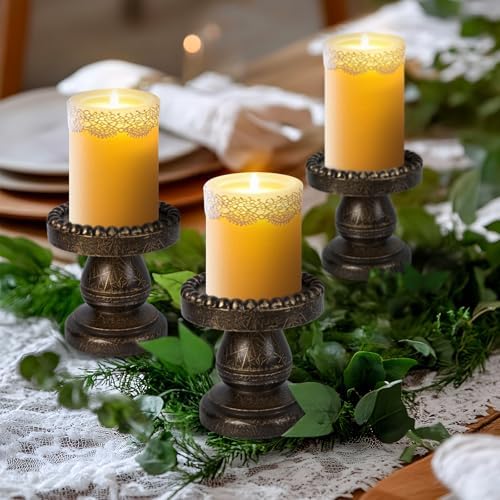 Small Candle Holder for Pillar Candle Set of 3, Farmhouse Wood Candle Holder, Rustic Wooden Candle Stand, Vintage Candle Stand Decorative for Living Room, Table Centerpiece, Black Gold - Image 6