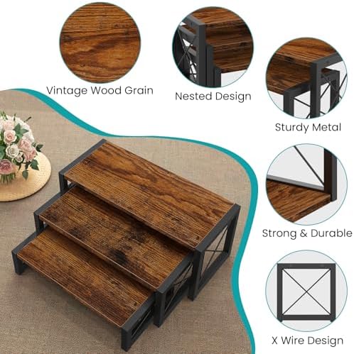 ELITEROO 3 Tier Cupcake Stand & Wood Display Risers, Dessert Stands for Cup Cake or Food, Riser Display Stand for Perfume Collectibles, Tiered Shelf Organizer for Market Retail Vendors, Rustic Brown - Image 6