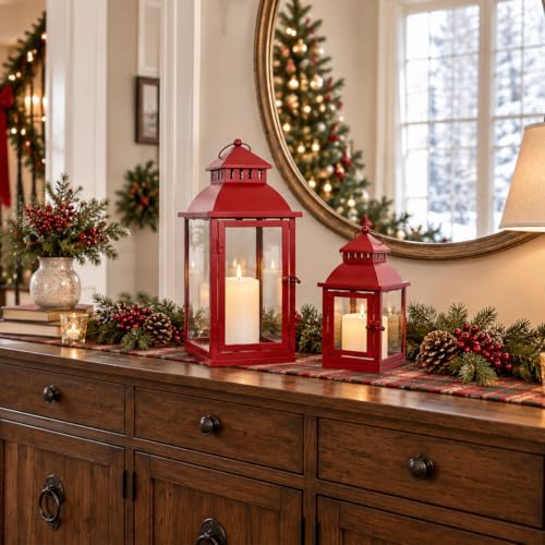 NEEDOMO Christmas Decorations Outdoor & Indoor, Set of 2 Outdoor Lanterns for Porch, Large Candle Lantern, Red Metal Frame with Glass, Vintage Farmhouse, Patio, Pathway, Garden, Christmas - Image 7