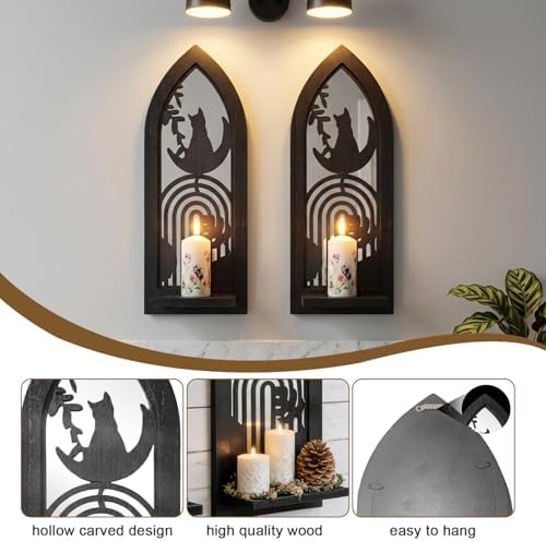 ZEXUIRU 2 Set Rustic Candle Sconces Living Room Bedroom Entryway Wood Mirrored, Farmhouse, Carved Frame Wall-Mount Wooden Candle Holders Wall Decor Hanging Handmade Holder - Black - Image 7