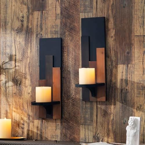 Wood Rustic Candle Sconces, Set of 2 Wall-Mounted Pillar Candle Holders, Antique Classical Wooden Candleholder for Farmhouse, Fireplace, Living Room, Bedroom, Rustic Home Decor - Image 6
