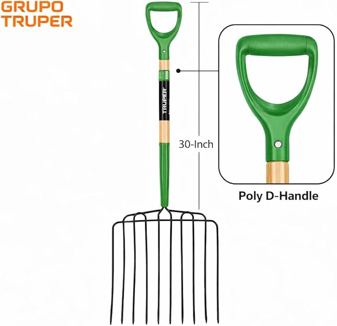 Truper TruTough Ensilage Fork, Manure/Bedding Fork, 10 Tines, 30-Inch Wood Handle with Poly D-Handle (Model BPJ-10/30330)