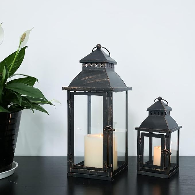 NEEDOMO Bronze Metal Lanterns Decorative Outdoor & Indoor, Set of 4 (17" & 10") with Glass, Candle Holder for Porch, Patio, Garden, Balcony, Wedding, Table Centerpiece Decorations