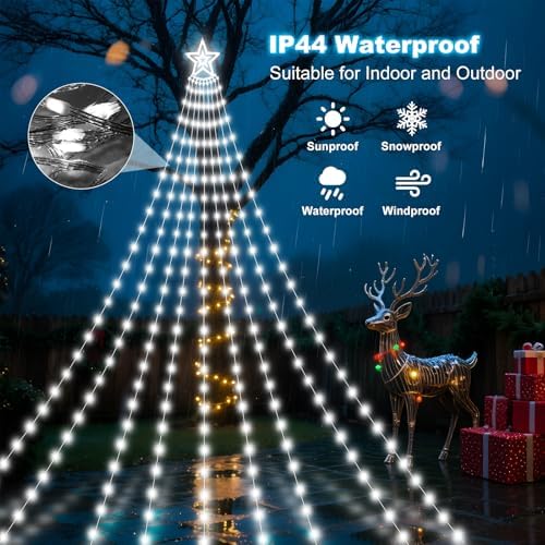 Solar Christmas Decorations Tree Lights Outdoor, 18.37ft 532LED Waterfall String Lights with 8 Modes Timer Remote Xmas Lights USB Powered for Garden Yard Patio Home Holiday Party Decor, Pure White - Image 7