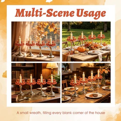 6 PCS Fall Taper Candle Rings Wreaths 1.38" Mini Thanksgiving Taper Candle Holder Wreaths with Orange Berries Autumn Harvest Table Centerpieces Wreath for Wedding Farmhouse Home Candlesticks Decor - Image 6