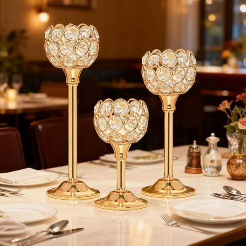 Candle Holder Candlestick Holders- 3Set Gold Crystal Pillar Candle Holders,Metal Candlestick Stands for Wedding Centerpieces,Table Decor for Church,Valentine's Day Housewarming Gift,9Pcs - Image 7
