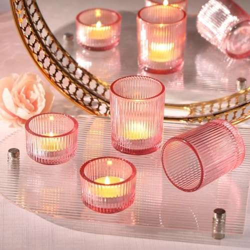 NITIME 20pcs Assorted Ribbed Pink Votive Candle Holders, Tealight Candle Holder for Valentine's Day, Pink Candle Holders for Wedding Table Decor, Mother' s Day, Bridal Shower and Party Decorations - Image 6