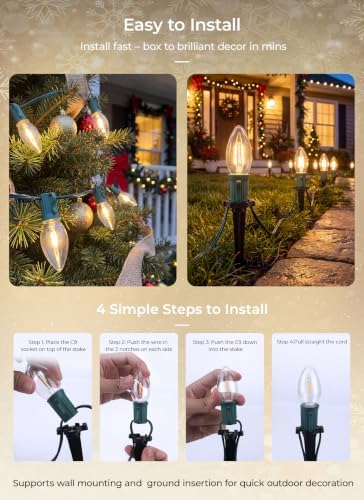 Brightown C9 LED Christmas Pathway Lights, 25.8 Ft Christmas Path Lights with 20 Bulbs and Stakes, Connectable Waterproof String Light for Walkway Driveway Lawn Outdoor Decorations, Clear Warm White - Image 7