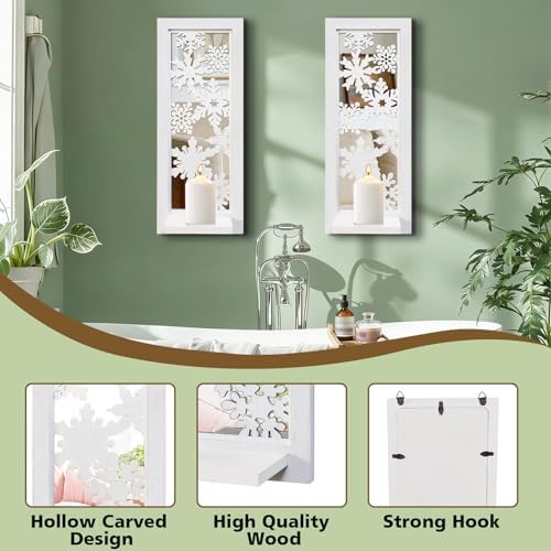 ZEXUIRU 2 Set Rustic Candle Sconces Living Room Bedroom Entryway Wood Mirrored, Farmhouse, Carved Frame Wall-Mount Wooden Candle Holders Wall Decor Hanging Handmade Holder - Distressed White - Image 7