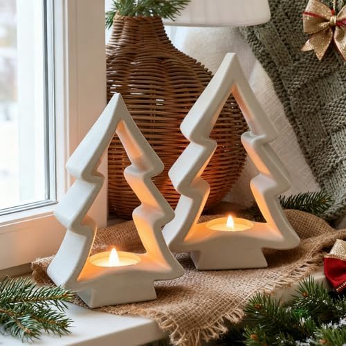 AceOrbit 2 Pcs Christmas Tree Candle Holders White Wooden Tealight Rustic - Image 6