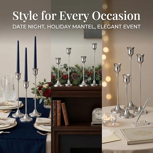 Silver Taper Candle Holders 2 Sets(6 Pcs) - Tall Metal Candlestick Holders for Table Centerpiece, Formal Dinner, Wedding, Fireplace Mantel Decor, Fits 3/4 Inch Thick Candles - Image 7