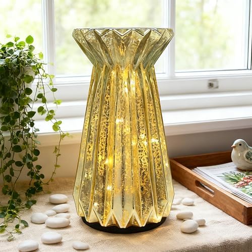 Home Decor, Mercury Glass Pillar Candle Pedestal Holders with 10 Led Lights, Lighted up Candle Holder for Pillar Candle, Candlestick Holders with Timer for Wedding Home Dining Table Xmas (Gold) - Image 6