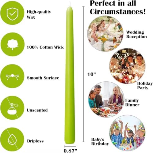 12-Pack Apple Green Taper Candles, 10 Inch Unscented Dripless Candlesticks, Long-Lasting Burn Time of 7-8 Hours, Perfect for Home Décor, Spring and St. Patrick's Day - Image 7