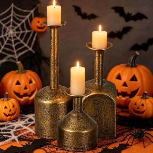 Farmhouse Metal Candlestick Holders in Antique Gold, Tall Taper Candle Holder, Set of 3, Industrial Farmhouse Style, Decor for Table Centerpiece (Gold) - Image 5