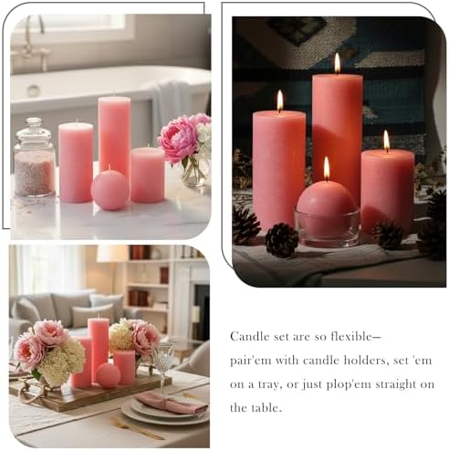 Pink Textured Pillar Candles Set - 4 Pcs Assorted Sizes Rustic Unscented Pillar Candle, Decorative Farmhouse Candles for Home Centerpiece Decor, Holiday Dinner Table, Dripless & Smokeless - Image 7