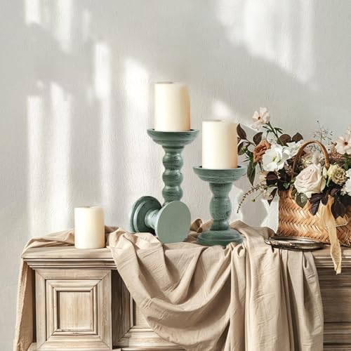 Set of 3 Candle Stick Holders Decor Rustic Wooden Candle Holder Mint Green Farmhouse Candle Stands for Table Centerpiece, Vintage Pillar Candle Holders for Living Room - Image 7