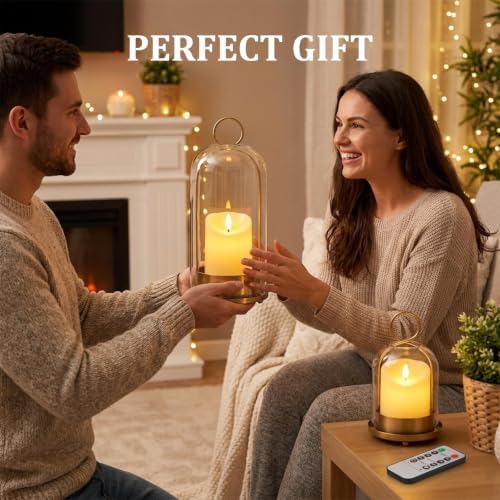 Brass Hurricane Handmade Sturdy Glass Dome Candle Holders with Glass Cover, Set of 2 Flameless Battery Operated LED Pillar Candles and Remote, Elegant Cloche Lantern for Modern Table Centerpiece - Image 7