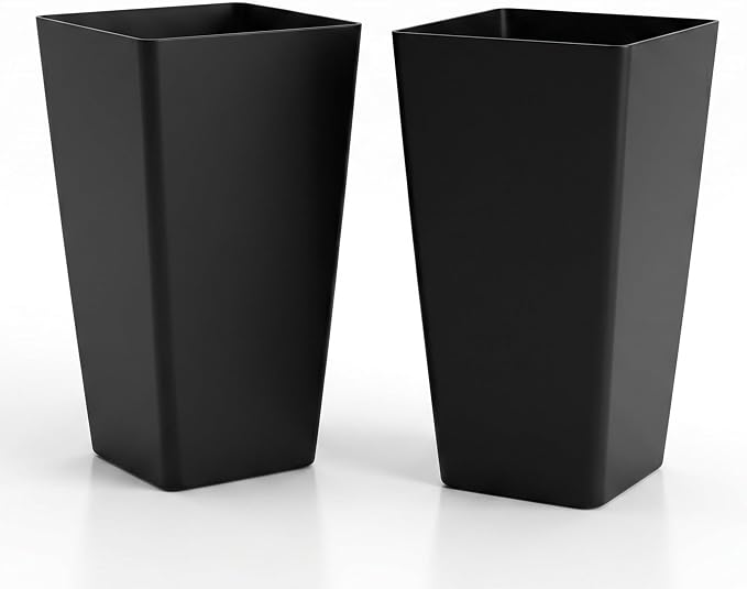KOL Planters for Outdoor Plants, 20 Inch Tall Black Flower Pots 2 Pack, Large Plastic Plant Pots with Drainage Hole and Dual-Purpose Tray, Decorative Indoor Planter for Front Porch Patio Garden