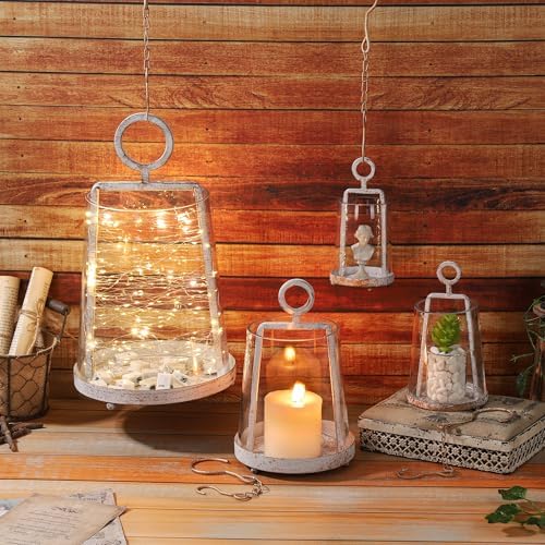 wakutwaku 4" Wide Modern Farmhouse Metal Hurricane Candle Holder with Handmade Sturdy Glass Sleeve in Vintage White for 2" Pillar Candle & Plants, Glass Hurricane Lantern, Industrial, Minimalistic - Image 7