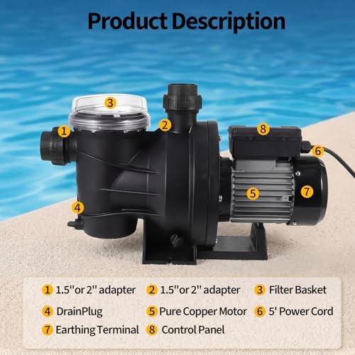Garvee in/Above Ground Pool Pump High Flow Self Primming Swimming Pool Pump, 115V High Efficiency Pump for Above Ground Pools Pond Hot Tubs Spas, 7FT Power Cord, Quiet Operation (1.6 HP, 6075 GPH)