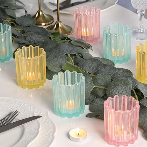 12PCS Glass Pink Votive Candle Holder, Blue Ribbed Votive Candle Holders - Image 6