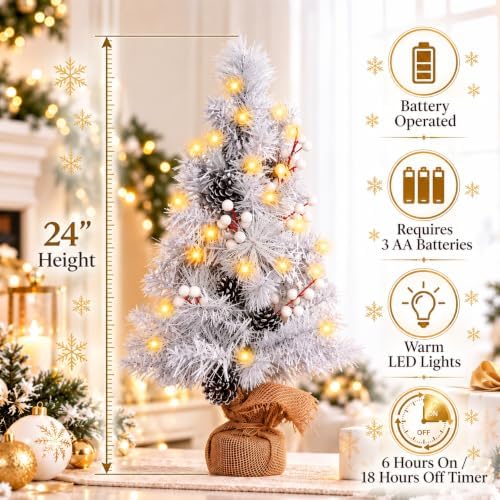 MEETYAMOR 2 FT Mini Christmas Tree, 24" Prelit White Small Artificial Tabletop Christmas Trees Decor with Lights Timer, Outdoor Indoor Porch Table Centerpieces Xmas Christmas Decorations - Image 7