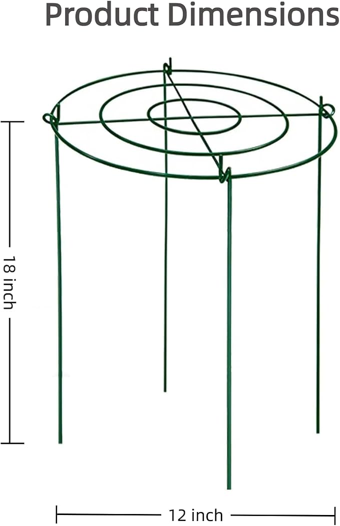 6 Pack Heavy Duty Peony Cages and Supports, 12" D x 18" H, Large Metal Support Rings, Easy Ground Insertion, Easy Installation & Durable, Sturdy for Climbing Plants