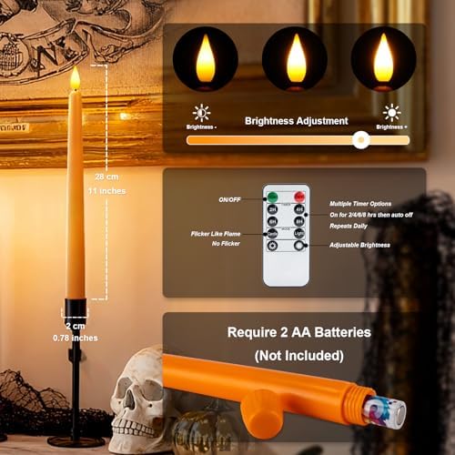 Homemory 12 Pcs Flameless Taper Candles with Remote Timer Dimmer, 11 inches Orange Taper Candles Battery Operated, Plastic LED Candlesticks with Flickering Flame for Halloween Decoration - Image 7