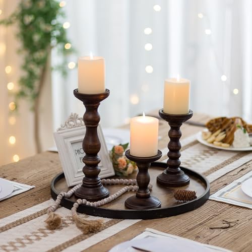 Romadedi Wood Pillar Candle Holders, Dark Brown Solid Wood, Set of 3 - Image 6