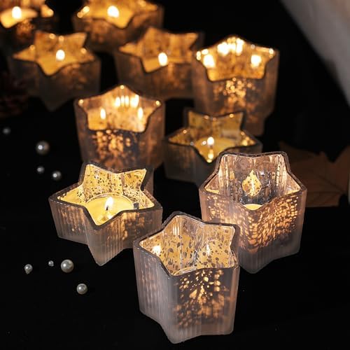 Letine 10pcs Frosted Silver Ribbed Star Candle Cups - Assorted Height Tea Light Candle Holders, Mercury Glass Votives for Wedding, Fall Table Centerpiece& Holiday Decorations (Tall 2.44", Short 1.57") - Image 6