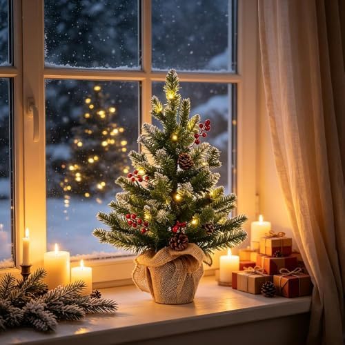MEETYAMOR 2 FT Mini Christmas Tree, 24" PE Prelit Small Artificial Tabletop Snow Flocked Christmas Trees Decor with 20 Lights Timer, Outdoor Indoor Porch Table Centerpieces Xmas Christmas Decorations - Image 7