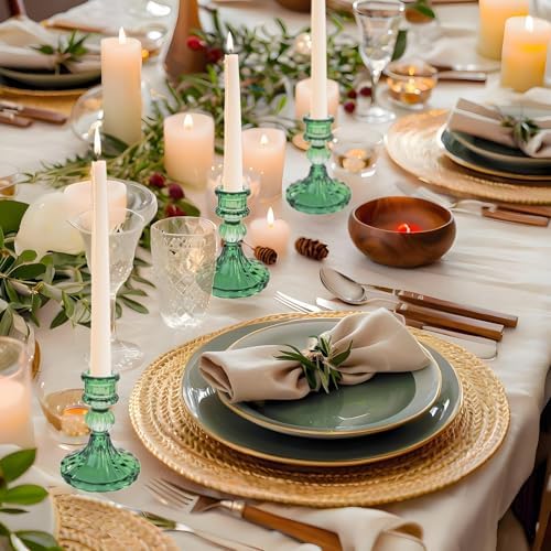 Green Glass Candlestick Holders, Taper Candle Holders, Set of 6 - Image 6