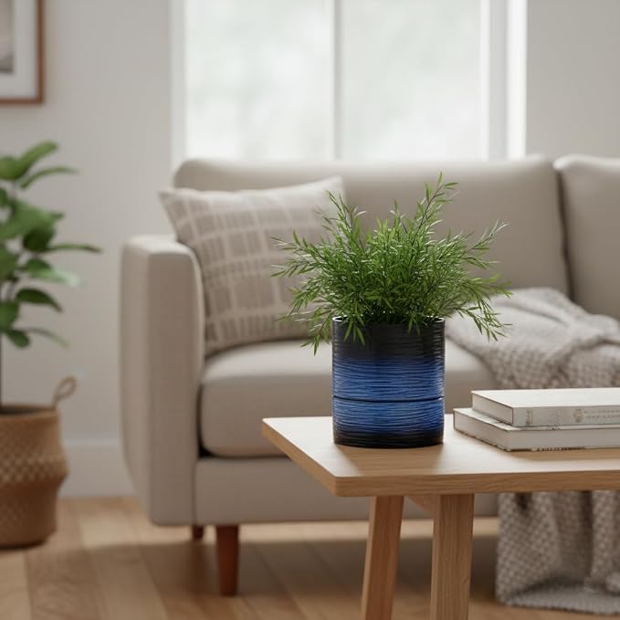 Nihow Ceramic Self Watering Plant Pot for Indoor Plants, 6 Inch,Blue | Planter with Cotton Wick, Drainage Hole & Water Storage Plus, Cylinder Round Flower Pot, For Succulent/Herbs/Violets