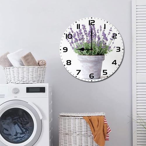 Lavender Watercolor Flower Wooden Silent Non-Ticking 10 Inch Round Clocks Battery Operated Analog for Living Room Kitchen Bedroom Bathroom Office Home School Decor