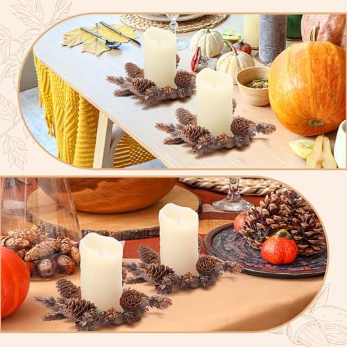 Daifunli 2 Pcs Christmas Fall Candle Rings Pine Cone Wreath Vintage Wreaths for Pillar 3.5 Inch Frosty Candles Holder for Winter Christmas Fall Home Rustic Table Centerpiece Decor - Image 6
