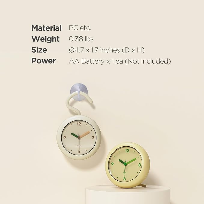 mooas Marshmallow Shower Bathroom Clock, Waterproof Shower Clock, Silent Non-Ticking Battery Operated with Stand, Hook, Suction, Bathroom Kitchen Shower Booth (Cream Yellow)