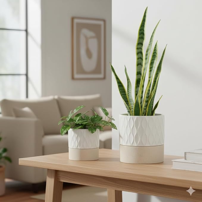 Nihow Ceramic Self Watering Plant Pot for Indoor Plants, 6 Inch,Cream White | Planter with Cotton Wick, Drainage Hole & Water Storage Plus, Cylinder Round Flower Pot, For Succulent/Herbs/Violets