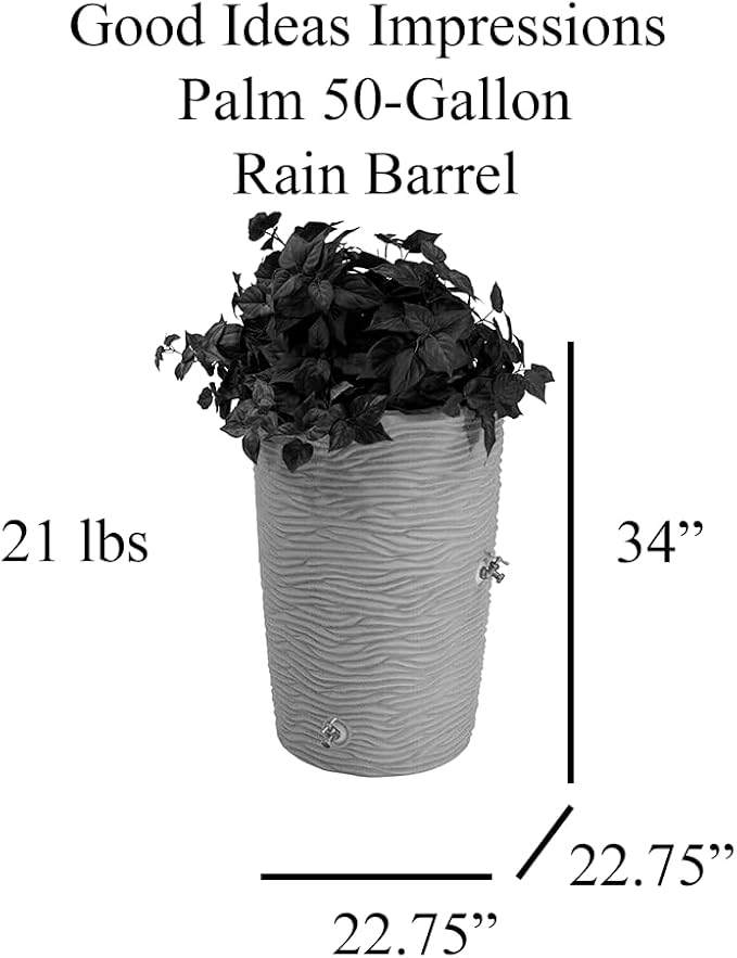 Good Ideas Impressions 50-Gallon Rain Saver Barrel Faux Palm Trunk Surface, Dual Spigot Locations with 2 Brass Spigots and Screen, Oak