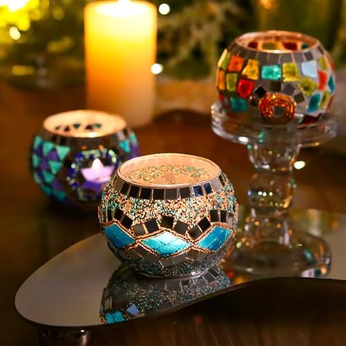 4PCS Mosaic Tealight Candle Holder Set - Blue Mediterranean Glass Votive Candle Holder for Summer Ocean Decor & Diwali Decorationr & Diwali Gift - Image 7