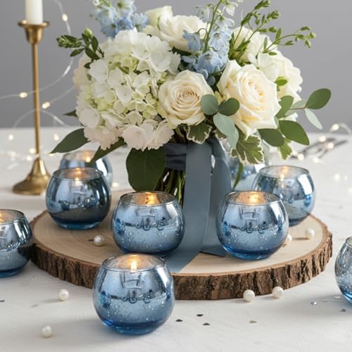 24 Pcs Blue Votive Candle Holders- Blue Centerpieces for Tables, Round Mercury Glass Candle Holder for Wedding Decor, Bridal Shower Decorations - Image 6