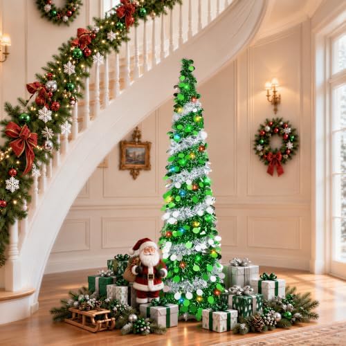 5FT Pop Up Christmas Tree with 90 LED Lights, Collapsible Artificial Pencil Christmas Tree, Tinsel Skinny Christmas Trees for Home Apartment Porch Indoor Outdoor Holiday Decorations - Image 6